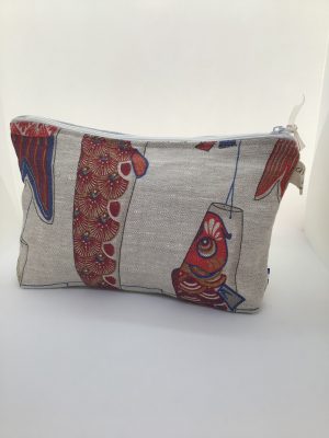 Pochette lin, poisson bleu/rouge