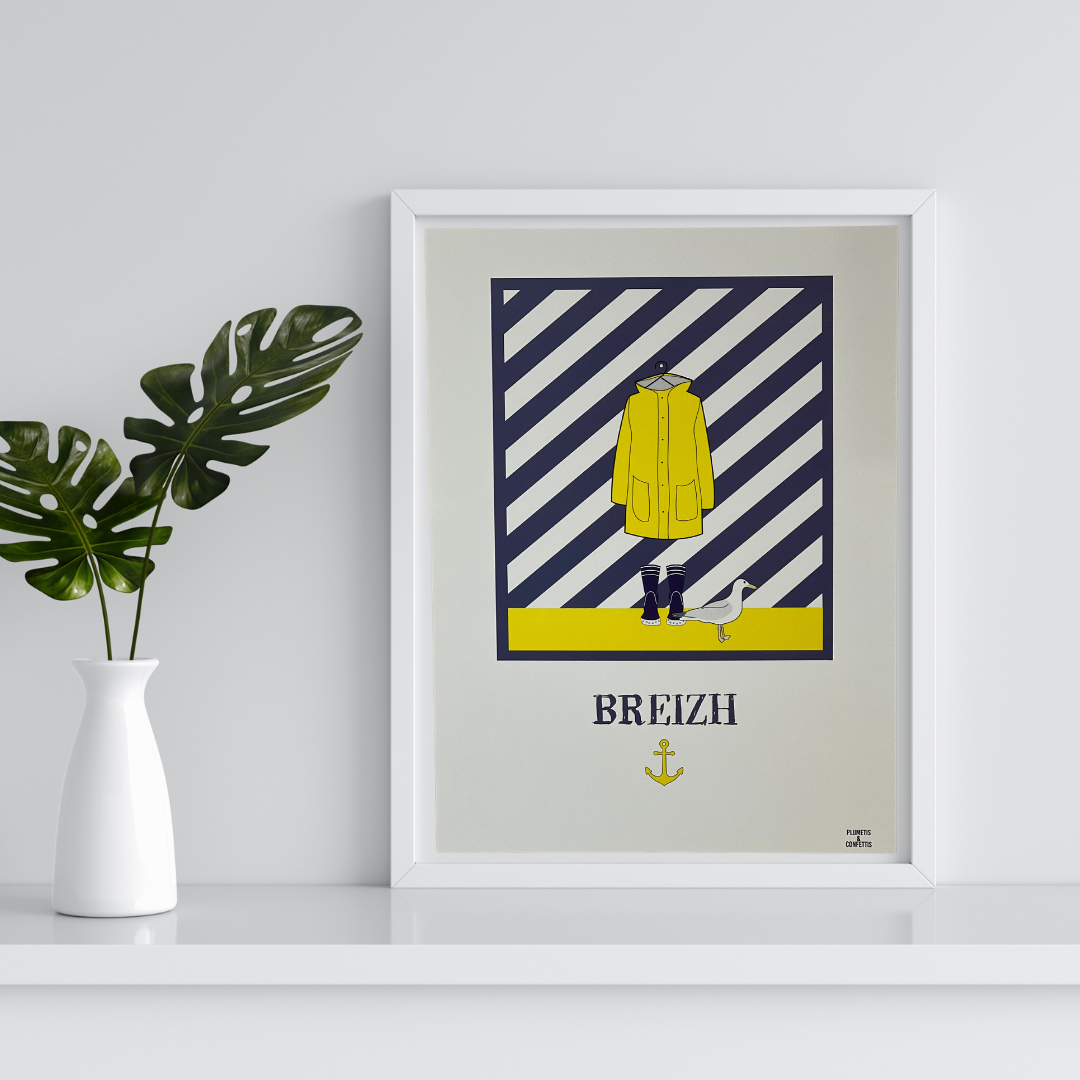 Affiche "Breizh", (le ciré jaune) format 29,5 x 40 cm, impression numérique et papier de qualité. Imprimée et dessinée en Bretagne,